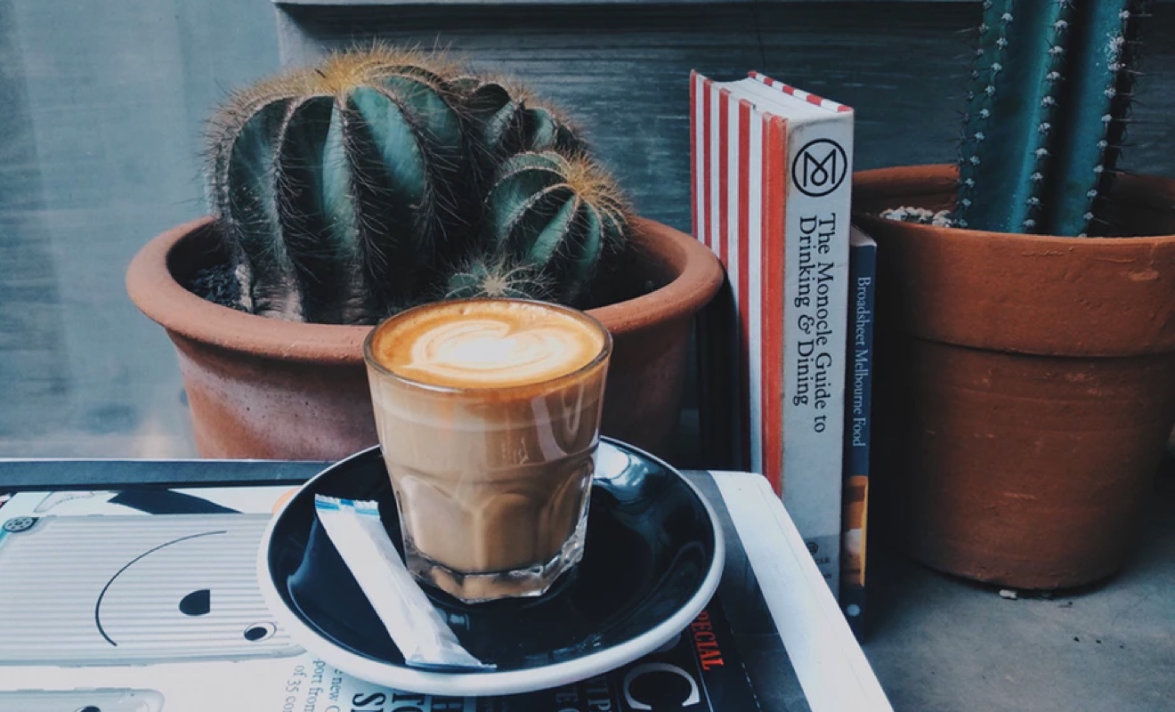 Photo: books, cactus and coffee